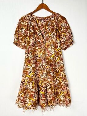Anthropologie Pilcro Puffed Sleeve Floral Tapestry Dress Size S Mini Brown